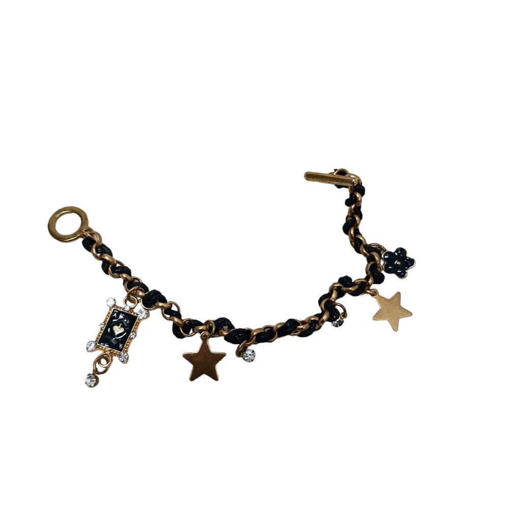 Chain Bracelet Ace of Spade Charm  Black Leather Simulated Diamonds Gold Stars - Picture 3 of 7